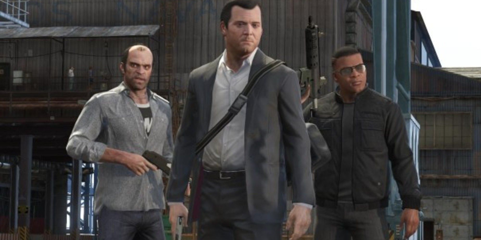 An image of Trevor, Franklin, and Michael on a mission in GTA V