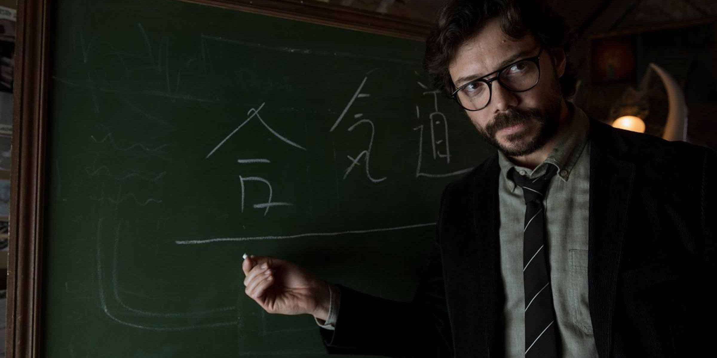 The Professor in front of a blackboard in Money Heist.