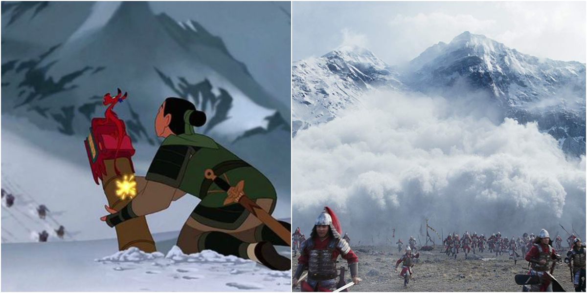 Mulan in snow covered mountain battle scene in animated versus live-action