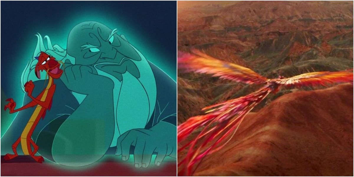 Mushu and ancestors in animated Mulan versus Phoenix in live-action