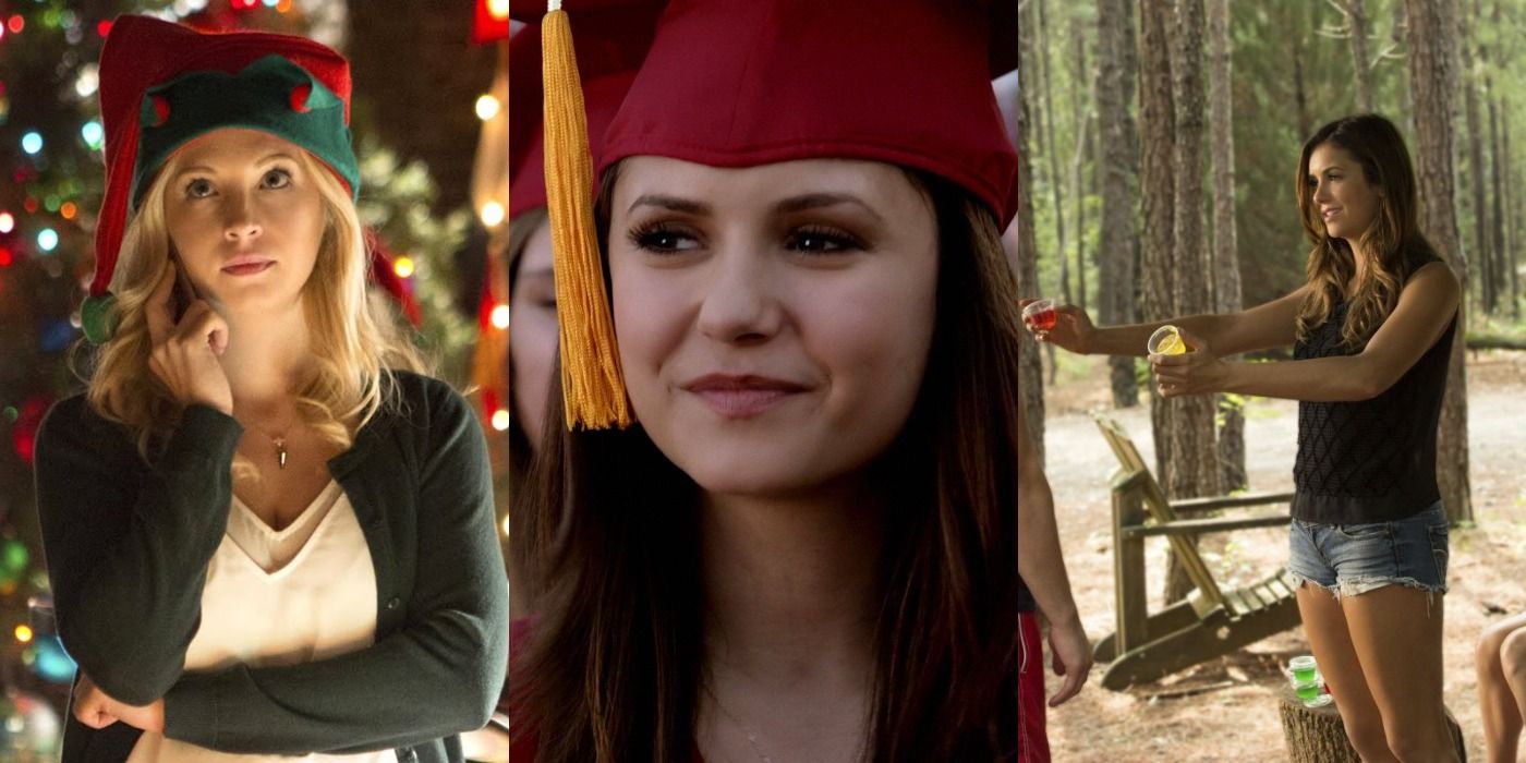 Split image of Caroline in a Christmas hat, Elena in her graduation outfit, and Elena handing someone Jell-O shots in The Vampire Diaries