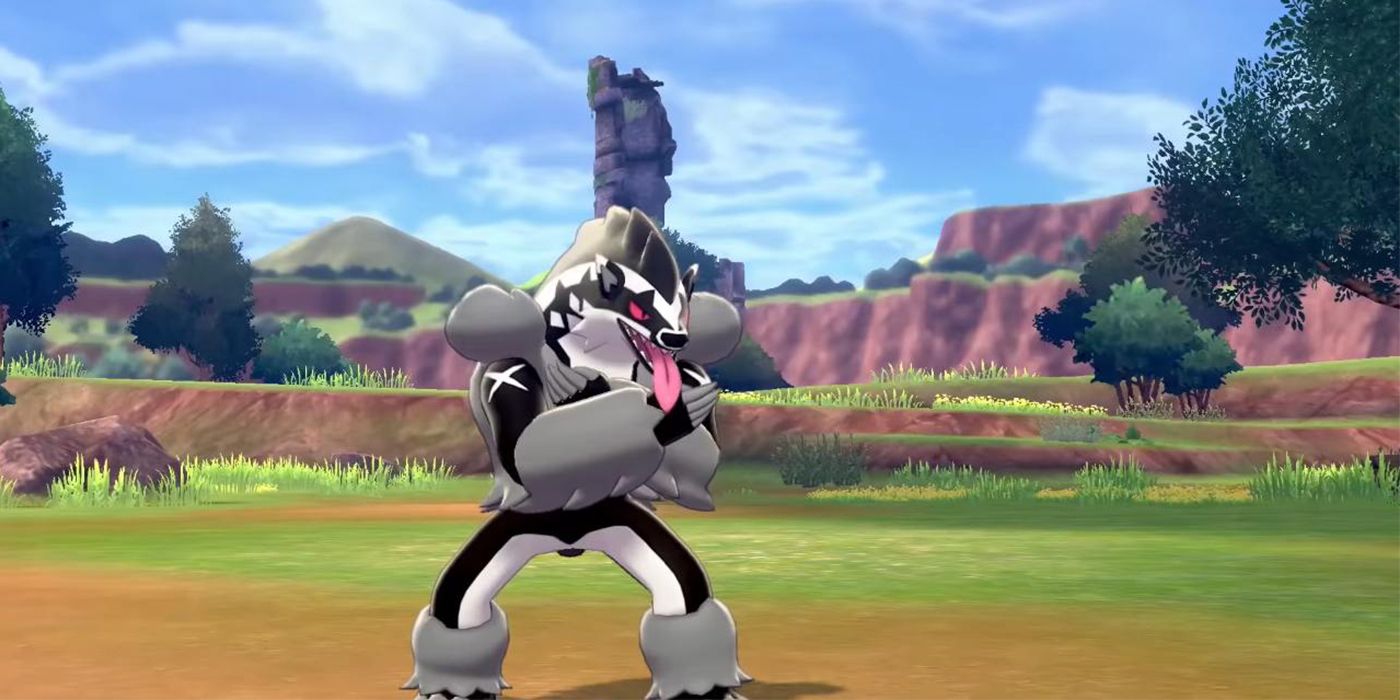 Obstagoon stands in a field in Pokémon Sword and Shield