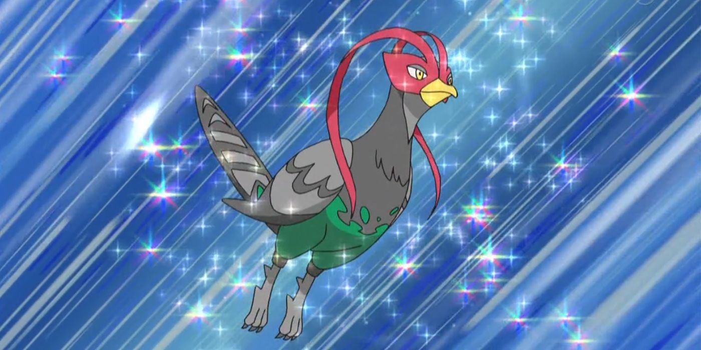 Ash's Unfezant sparkles with a blue background behind it in Pokémon.