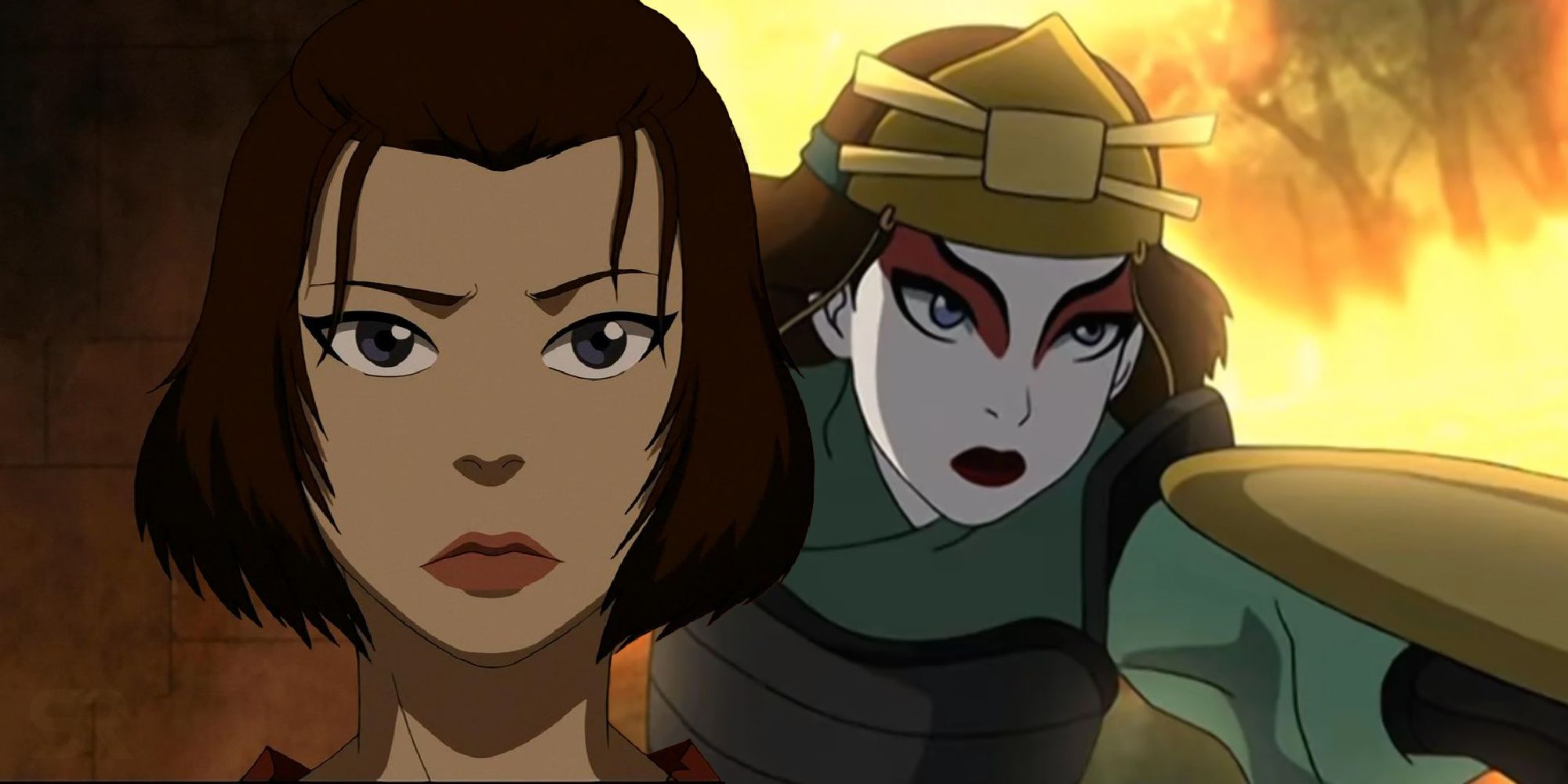 A blended image features Suki out of and in her Kyoshi warrior garb and makeup in The Last Airbender animated series