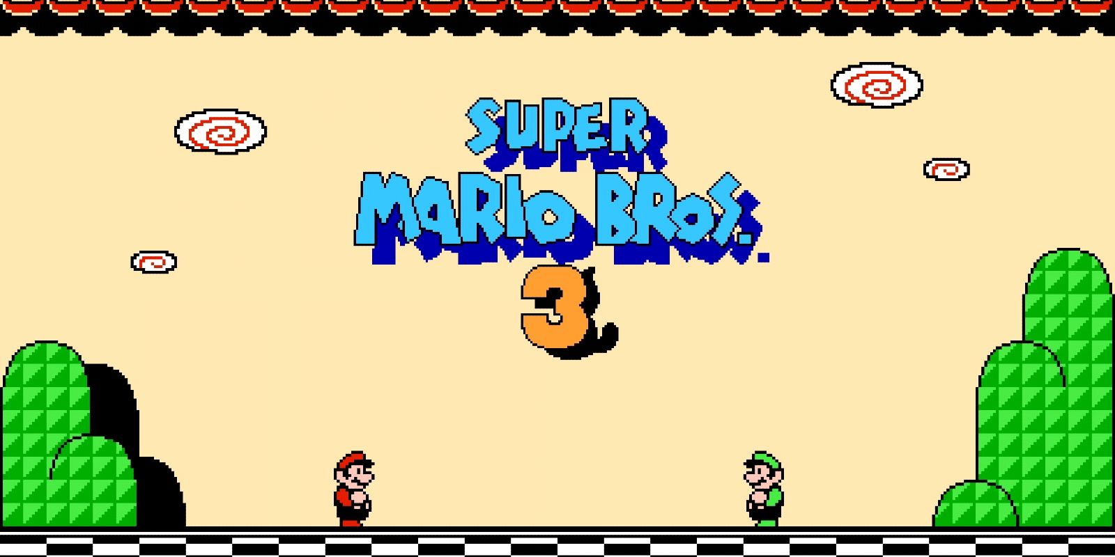 Mario and Luigi on the title screen for Super Mario Bros. 3