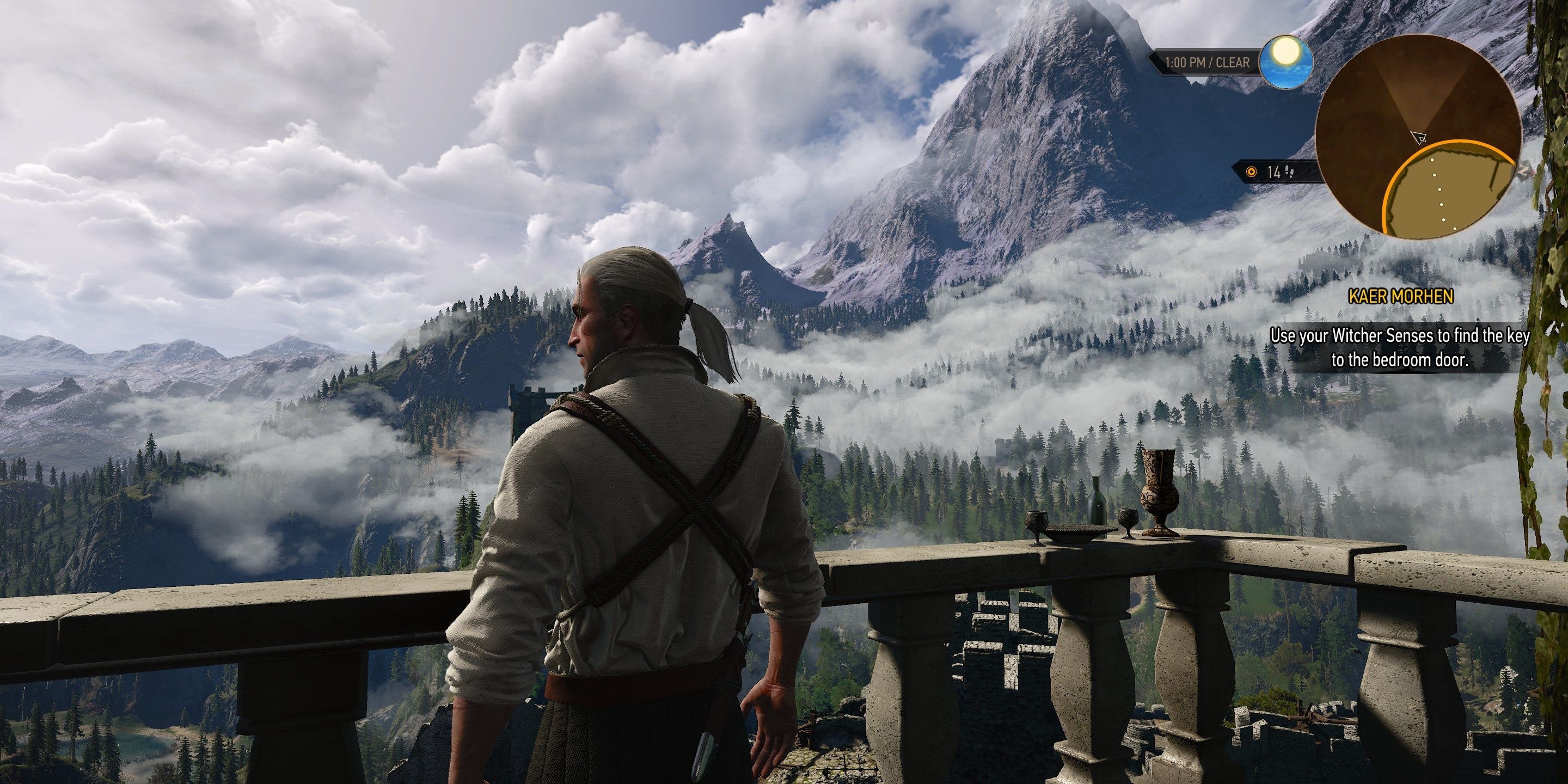 Geralt stands on one of the castle&rsquo;s balconies, overlooking the surrounding land.