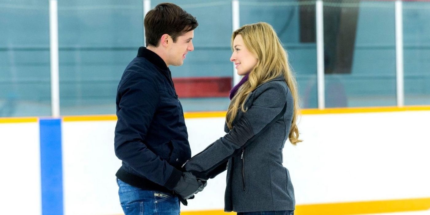 Tara and Brandon smiling during ice skating on The Good Witch