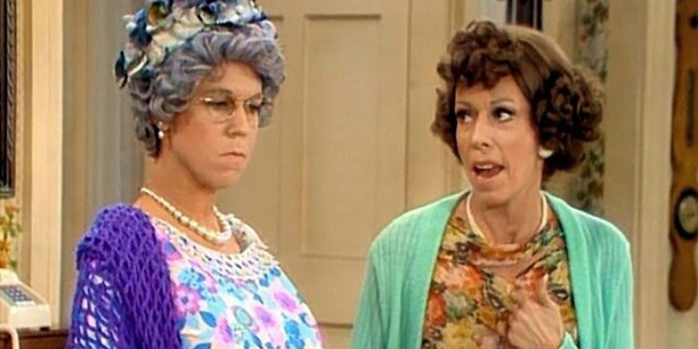 Vicki Lawrence and Carol Burnett as characters in a sketch in The Carol Burnett Show that would go on to become Mama's Family characters.