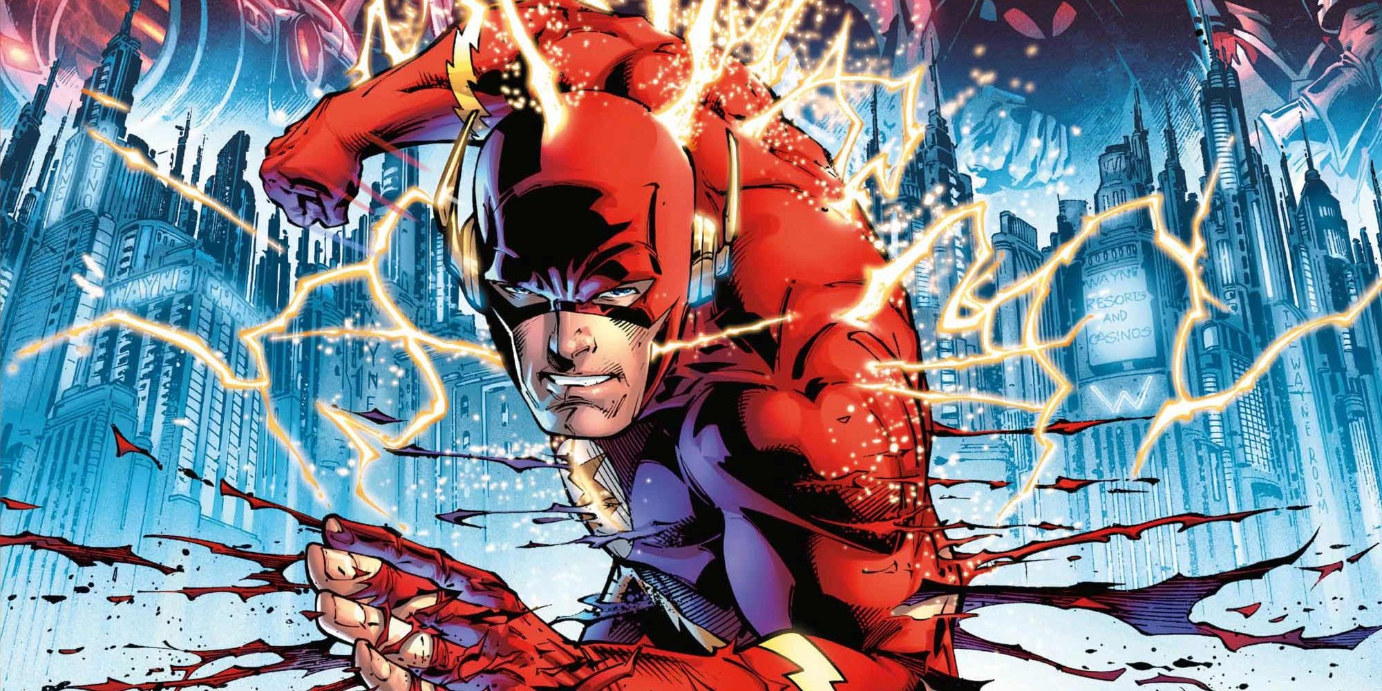 The Flash runs away from a city in the DC comic book Flashpoint.