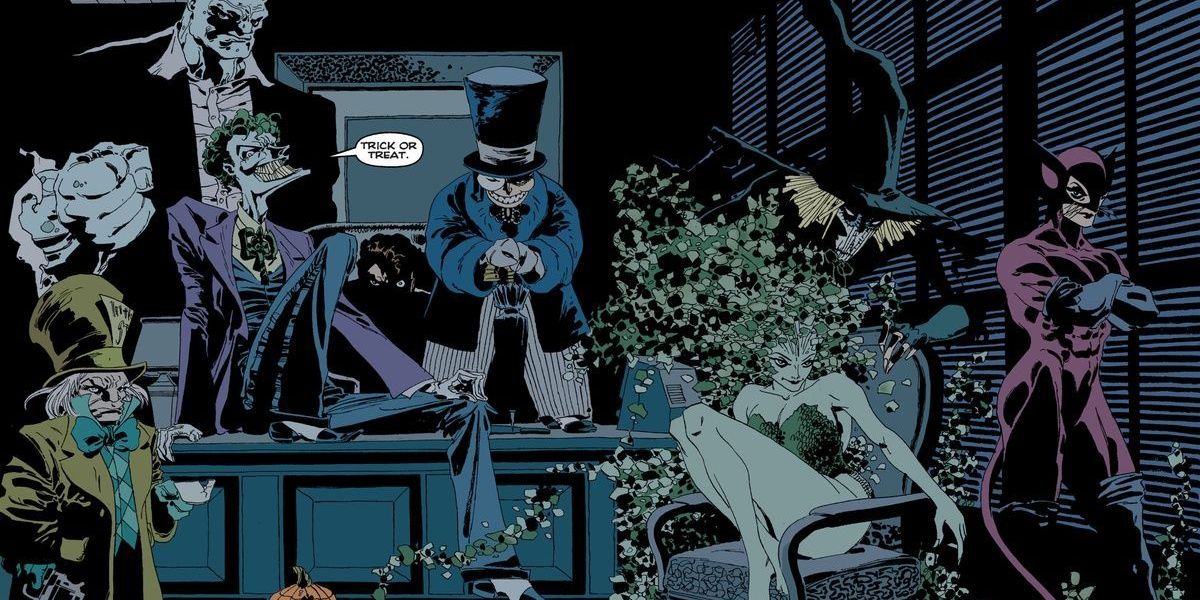 Joker, Catwoman, Scarecrow, Poison Ivy and more greeting batman in Long halloween comic