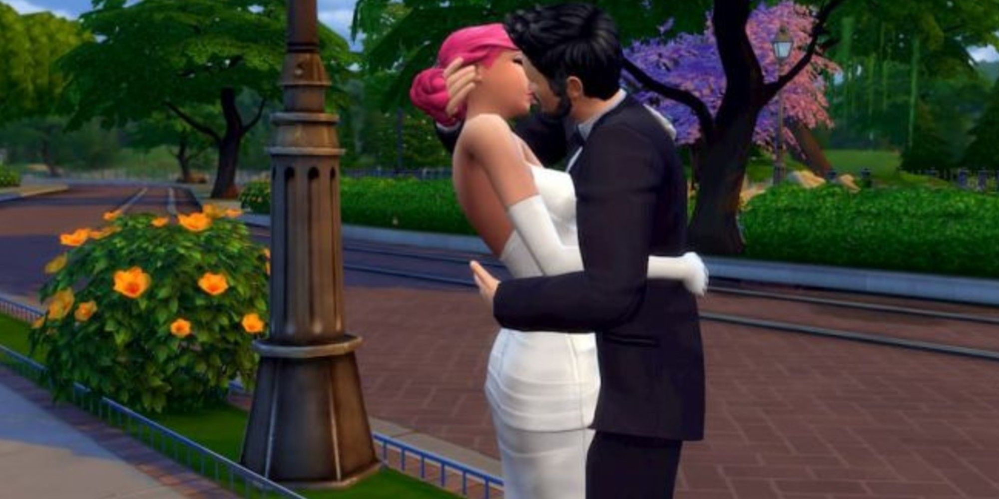 Casal do The Sims 4 sendo romântico. 