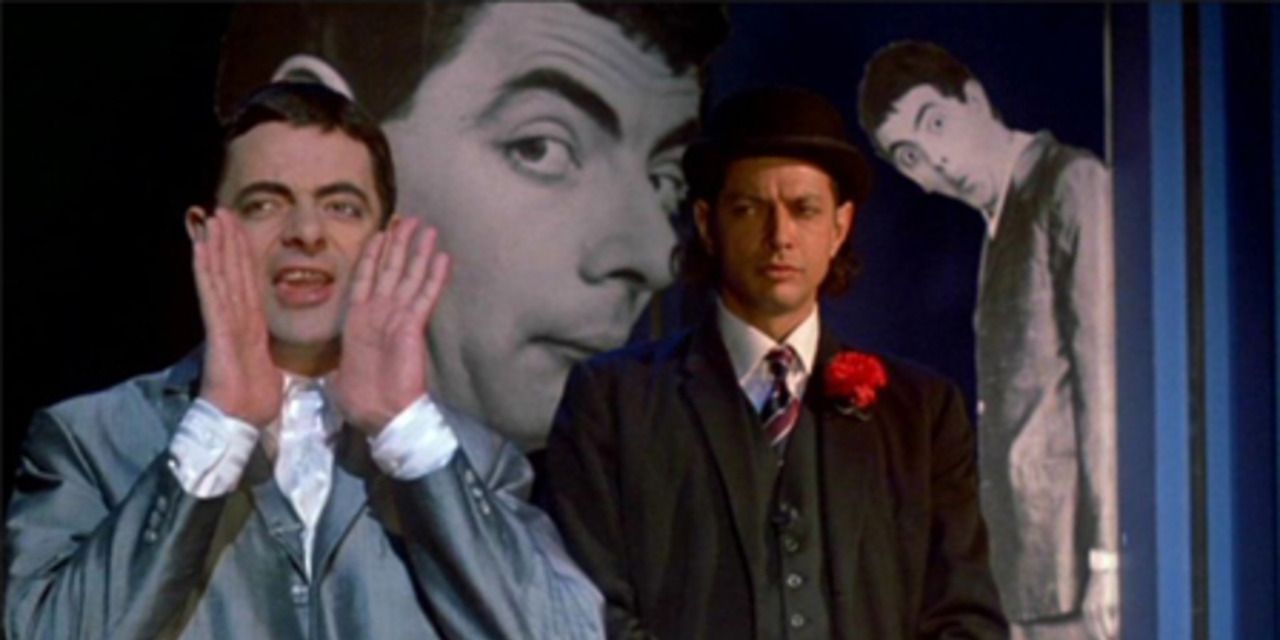 Rowan Atkinson and Jeff Goldblum in British comedy The Tall Guy with multiple photos of himself