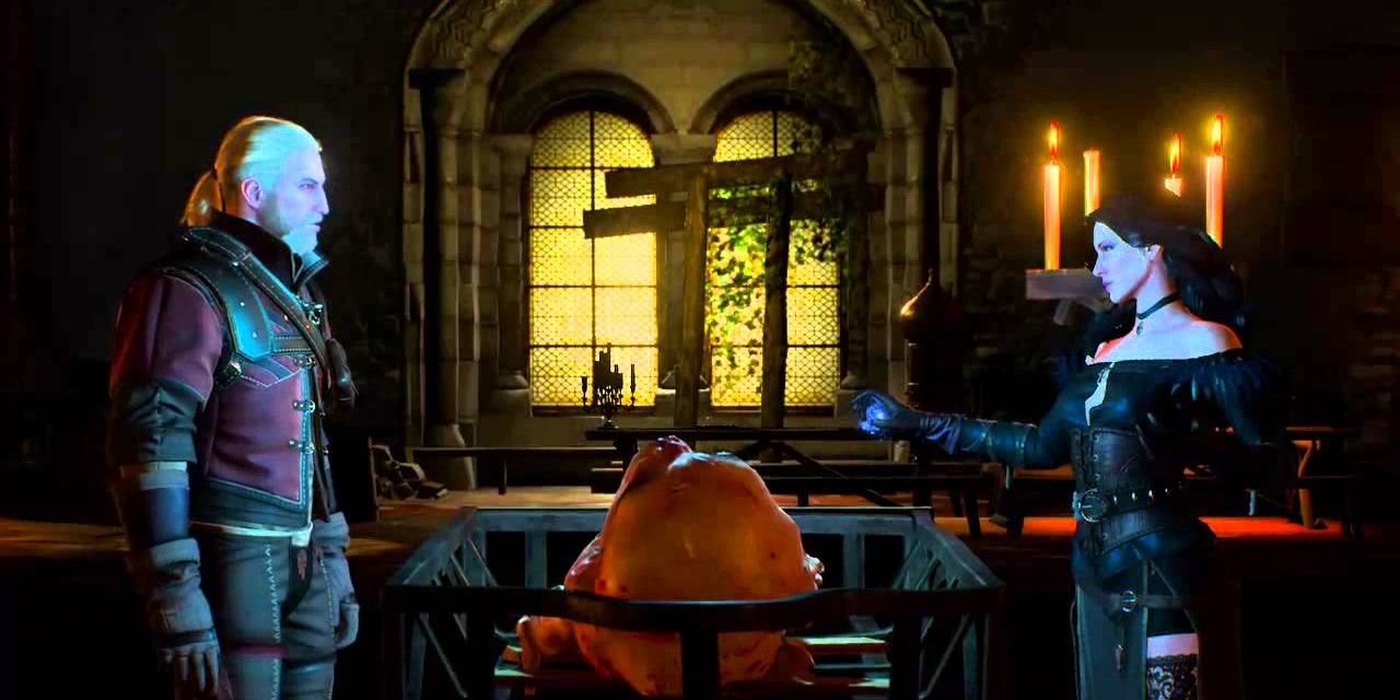 Geralt and Yennefer look at each other inside of the castle
