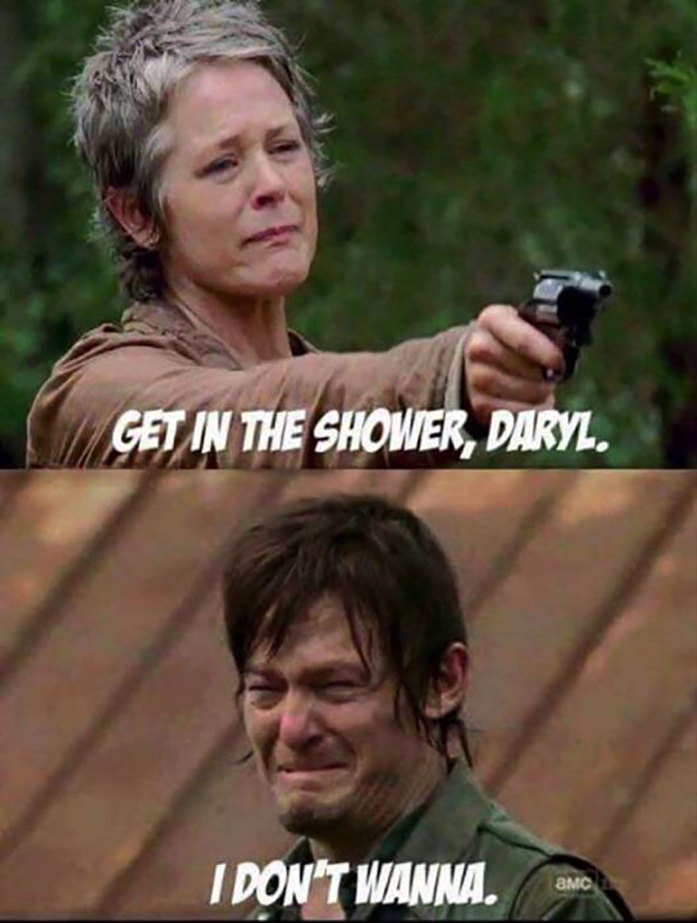 Split images of Carol from The Walking Dead holding a gun and crying and Daryl sobbing.
