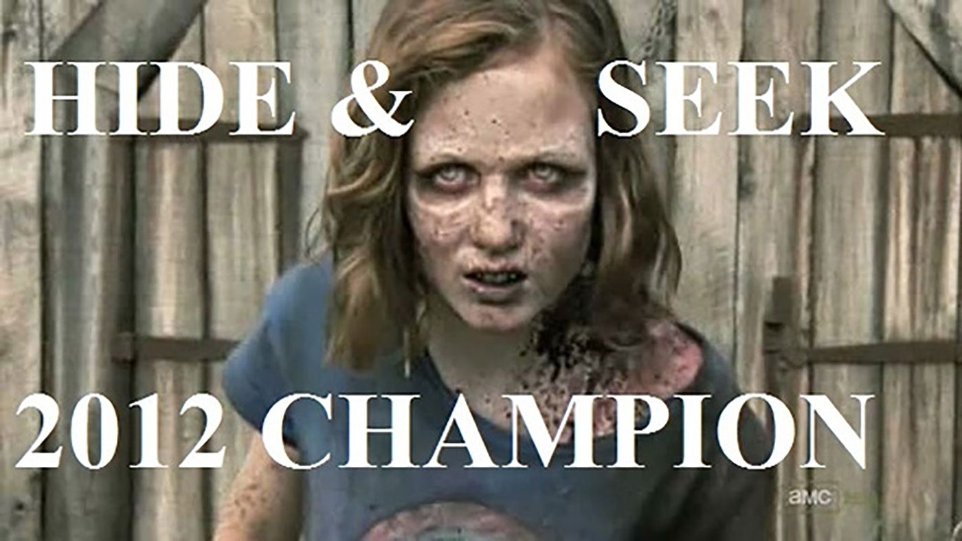 Sophia emerging from the barn on The Walking Dead with a funny caption.