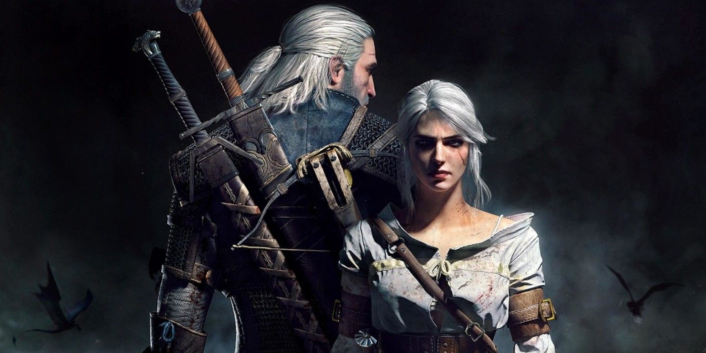 Geralt with his back turned and Ciri facing front in the video game The Witcher 3