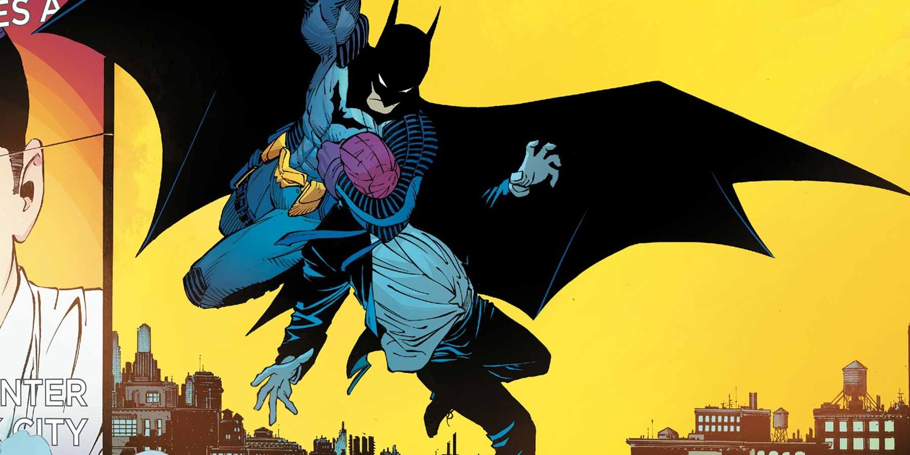 Batman swinging through the air while holding someone