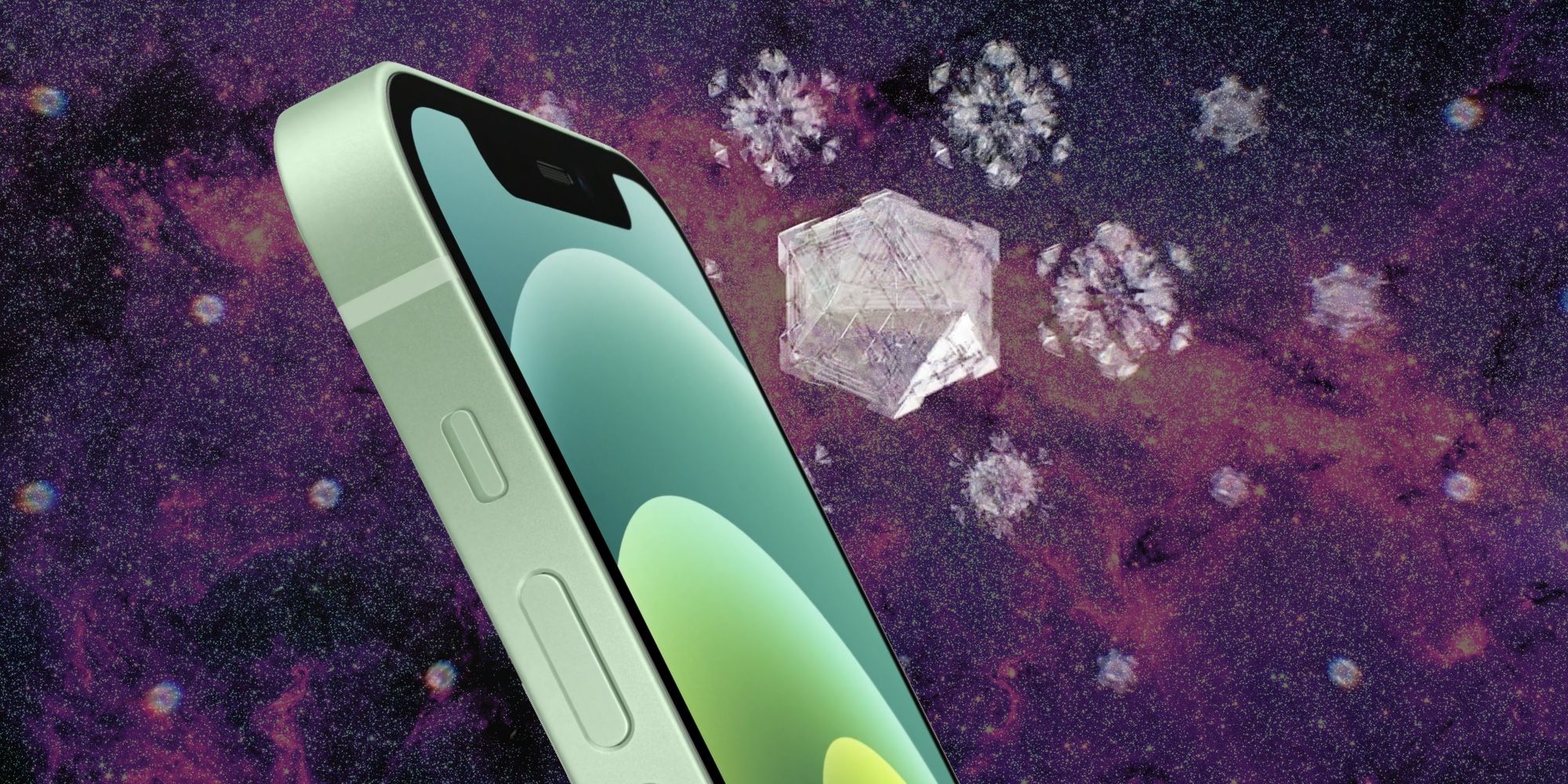 iPhone 12 with crystals over galaxy