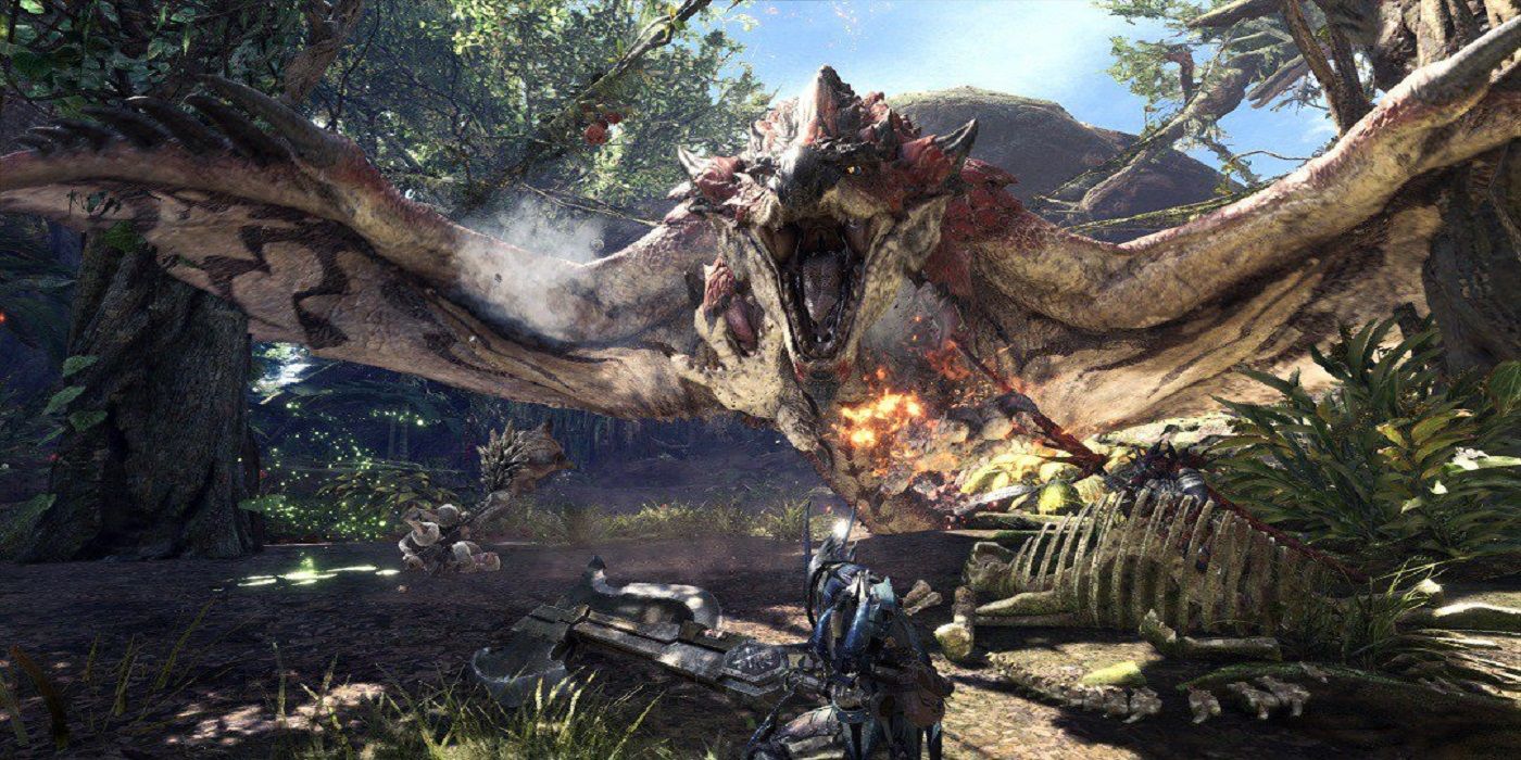 A Rathalos flying and roaring in Monster Hunter