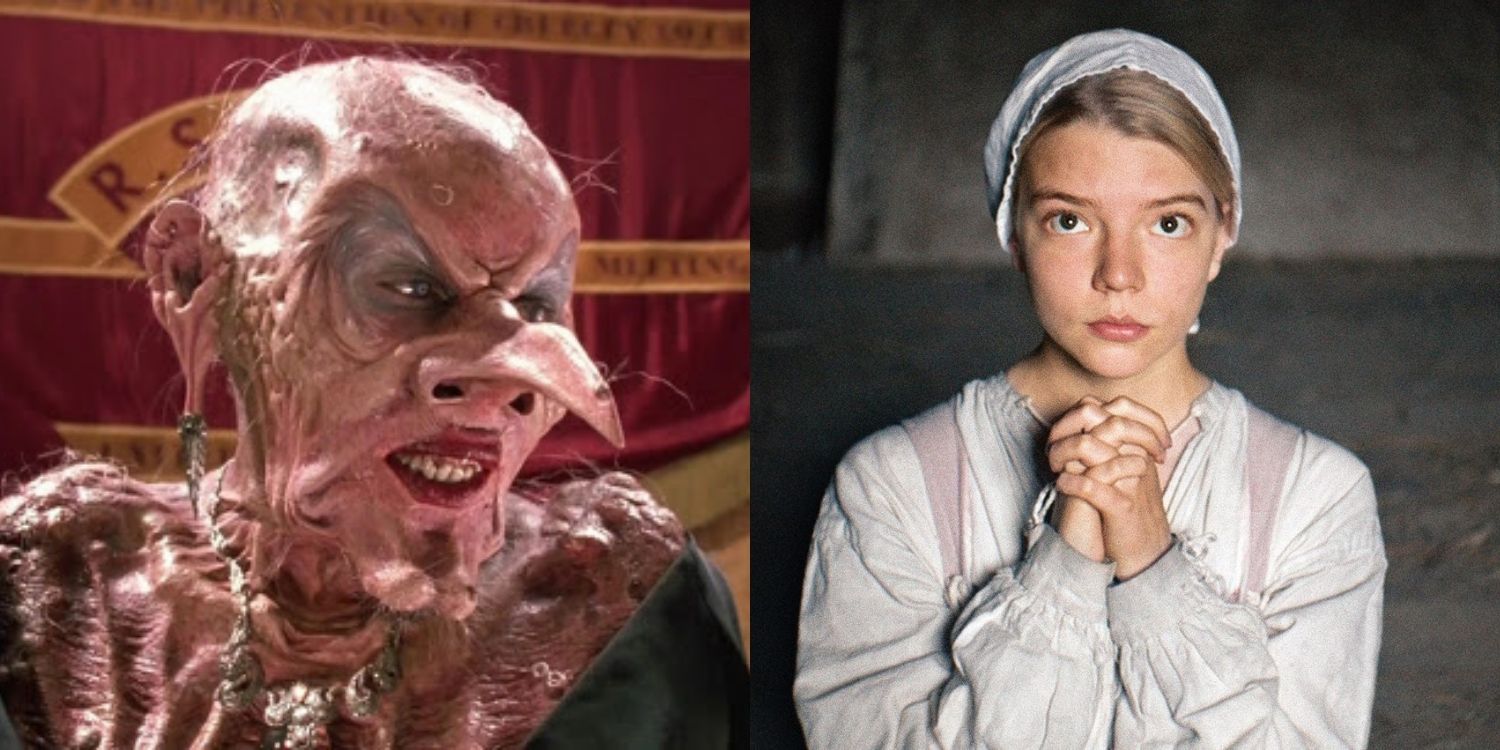 Split image of a witch from The Witches and Thomasin in The Witch