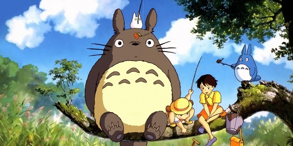 totoro and kids on branch fishing