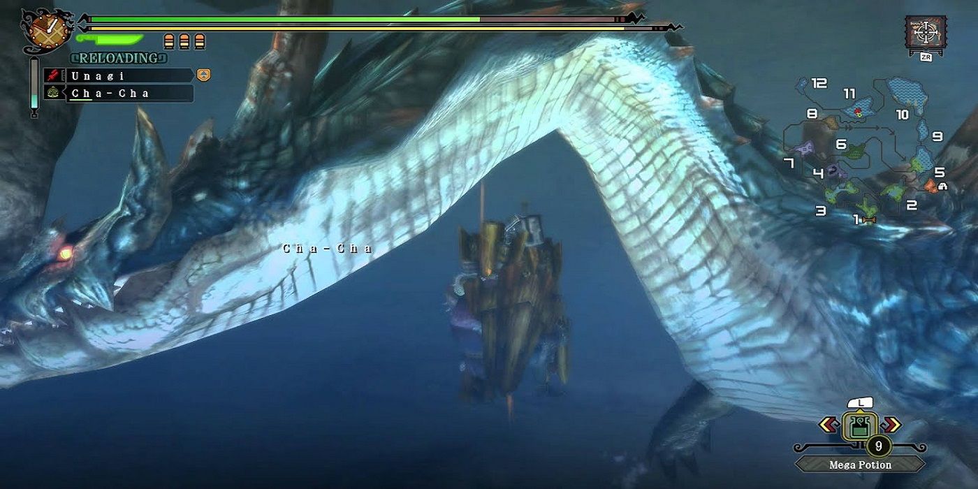 Underwater combat against the Lagiacrus in Monster Hunter 3 Ultimate