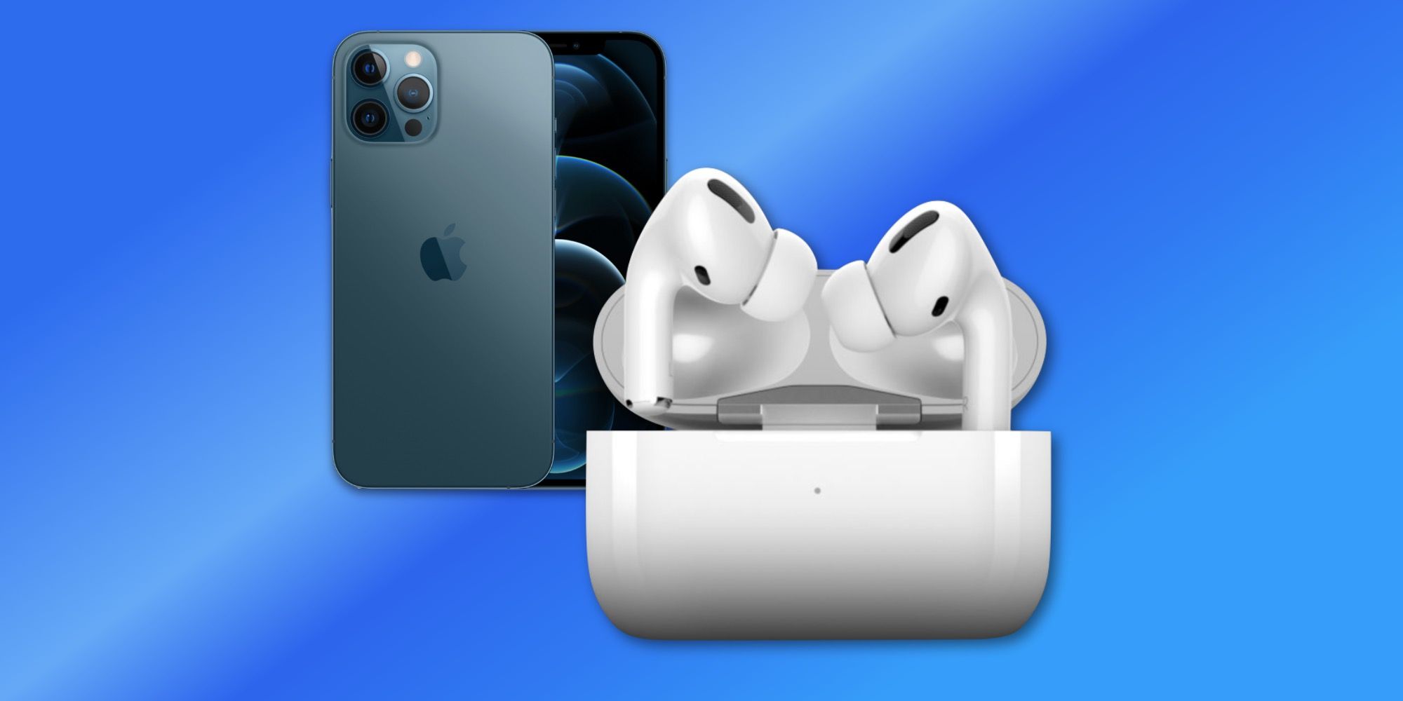 Apple AirPods Pro with charger &amp; iPhone 12 Pro on blue