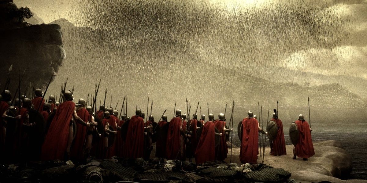 Spartans watching a hail of arrows coming towards them in 300