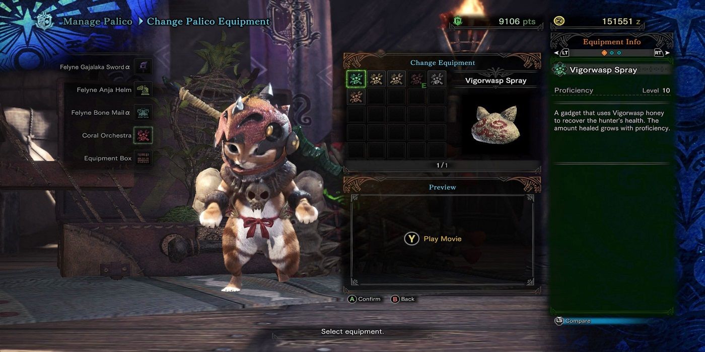 The Palico equipment menu in Monster Hunter World