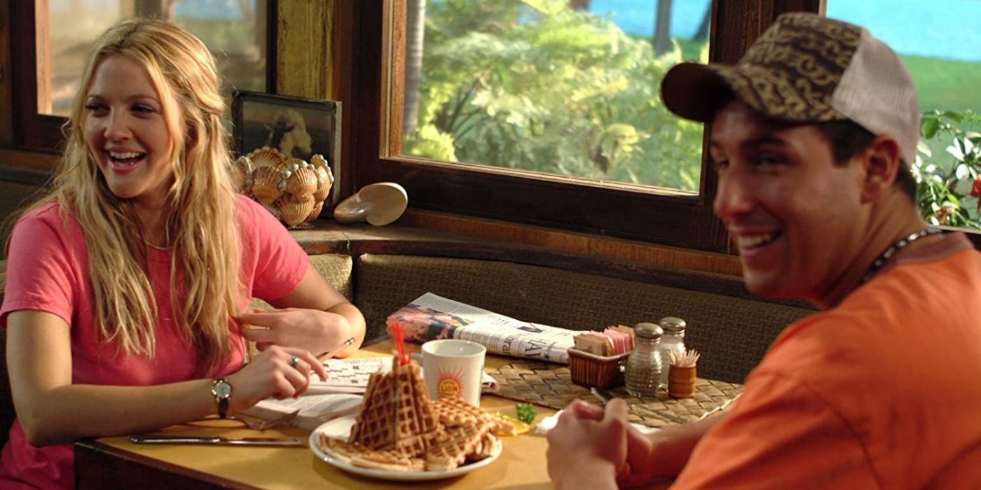 Drew Barrymore and Adam Sandler eating waffles in 50 First Dates