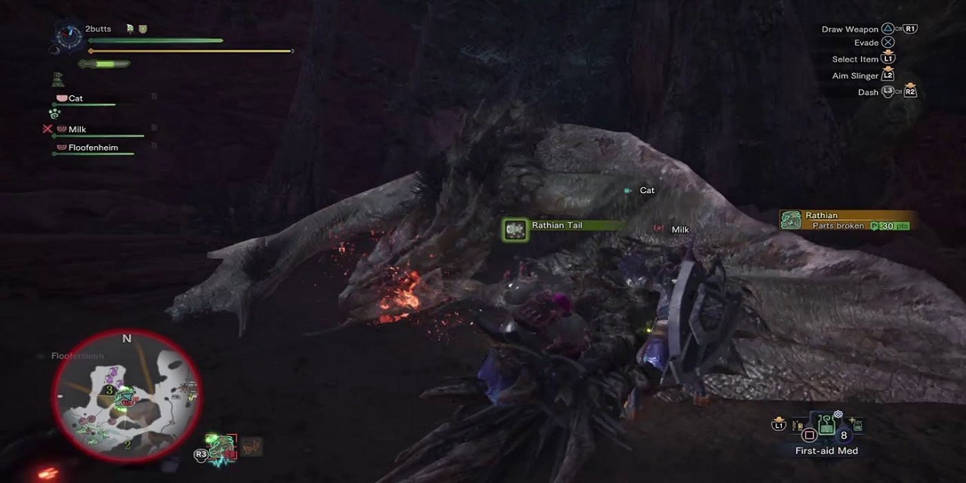 Collecting rewards from a defeated Rathian in Monster Hunter World