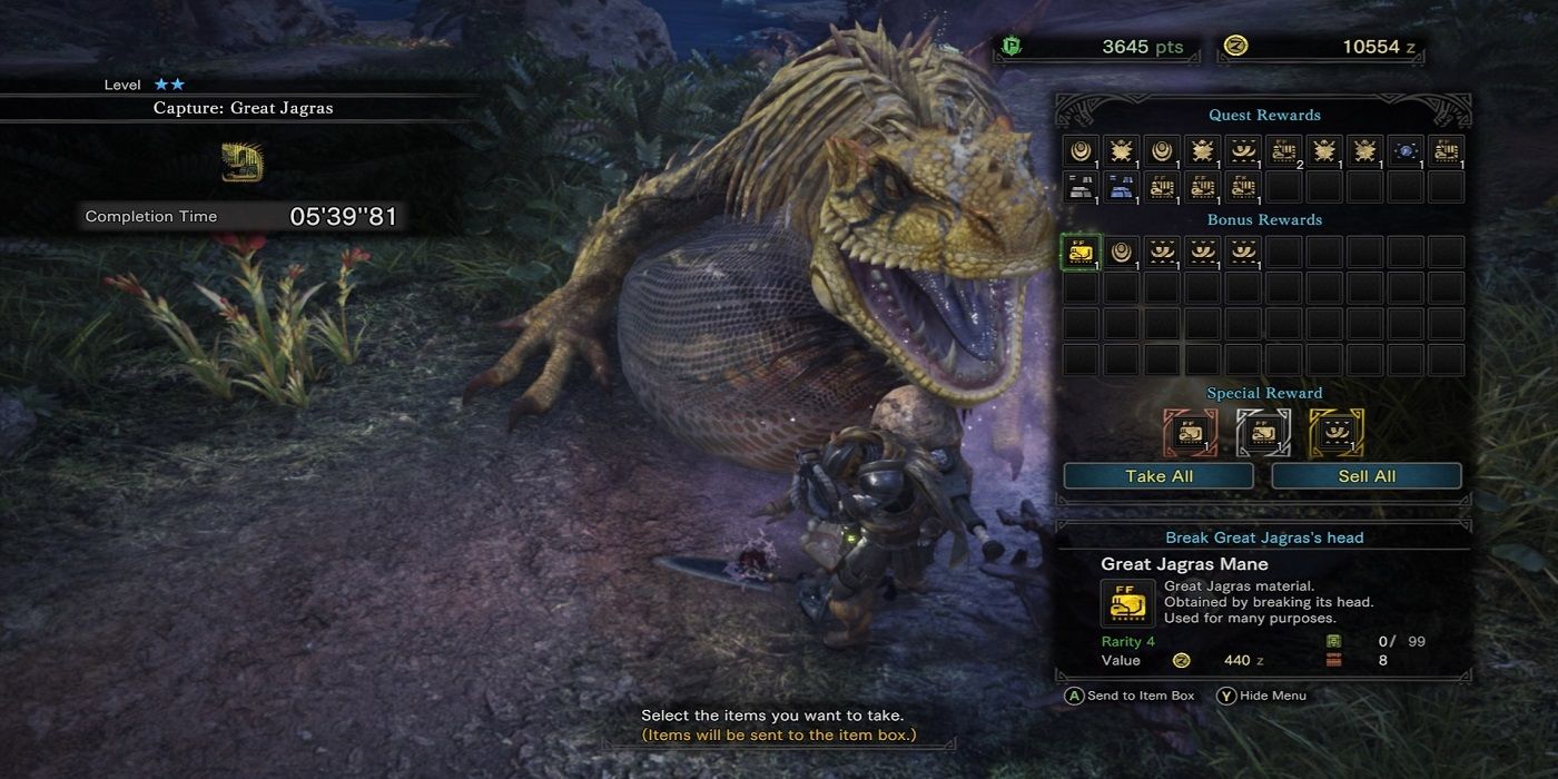 The quest completion screen in Monster Hunter World