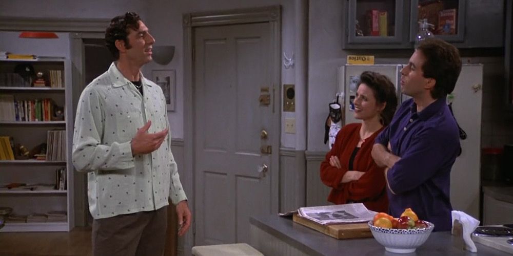 Kramer, Elaine, and Jerry in Jerry's apartment in Seinfeld