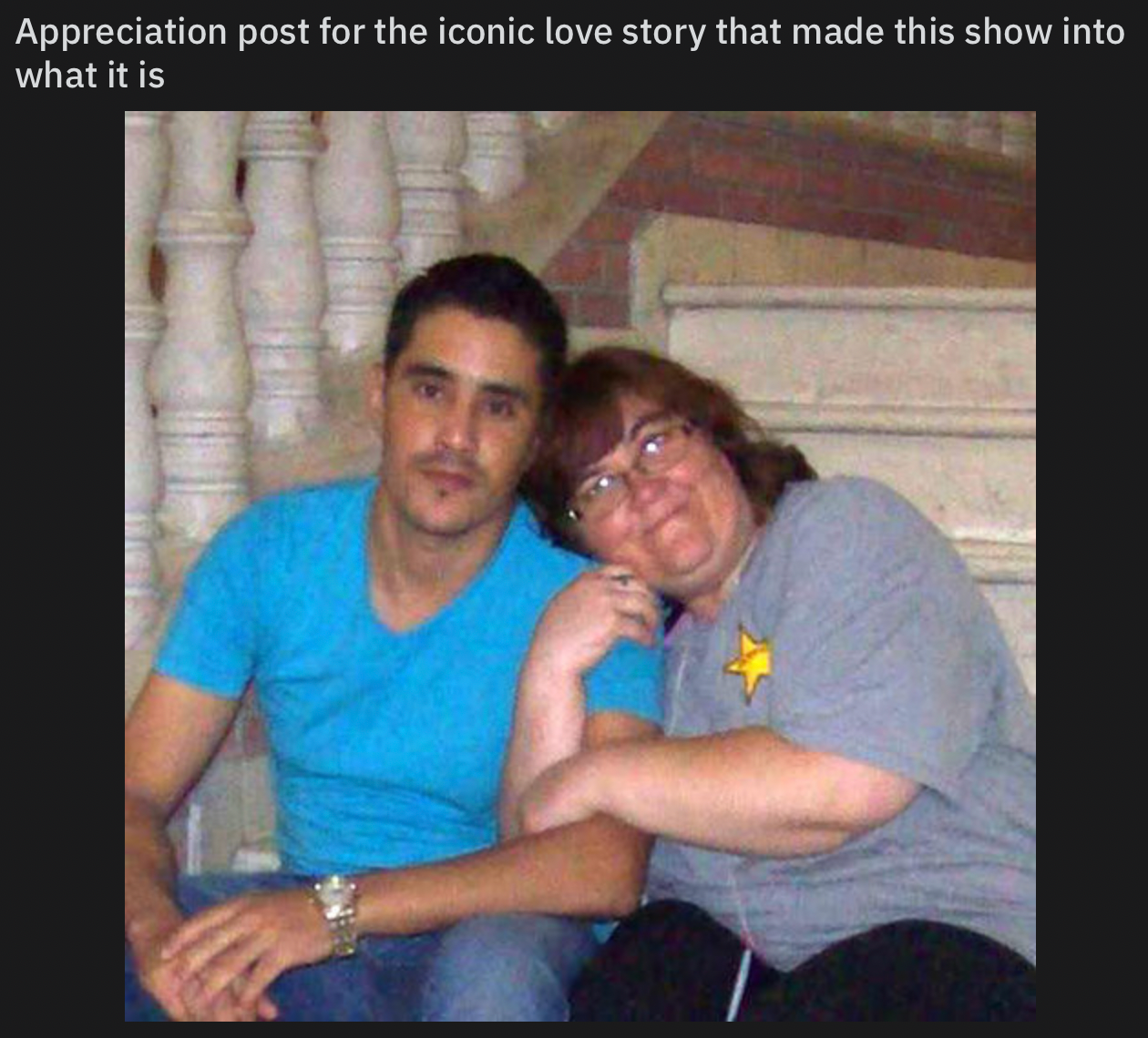 Mohamed and Danielle from 90 Day Fiance pose arm and arm on a stairwell