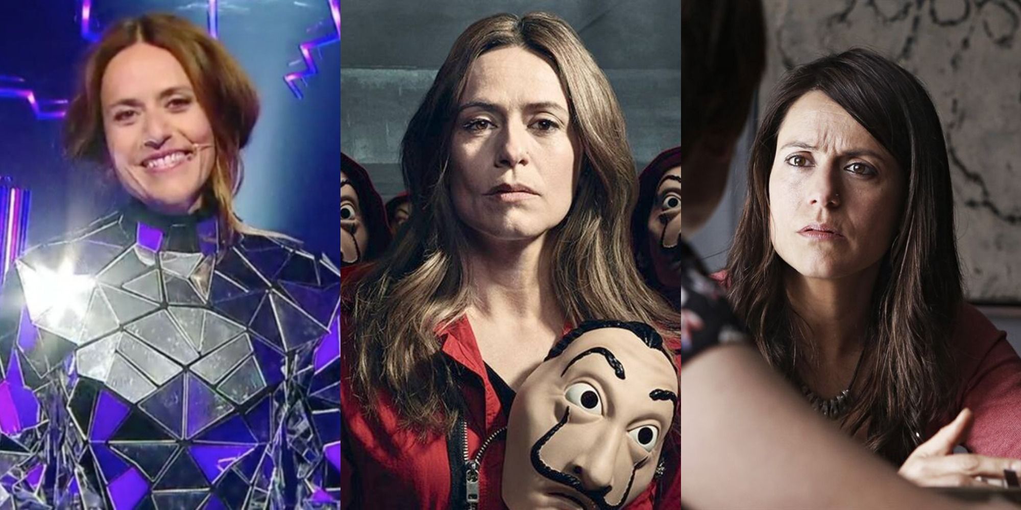 A split image of Itziar Ituno in the Masked Singer, Money Heist, and Flowers