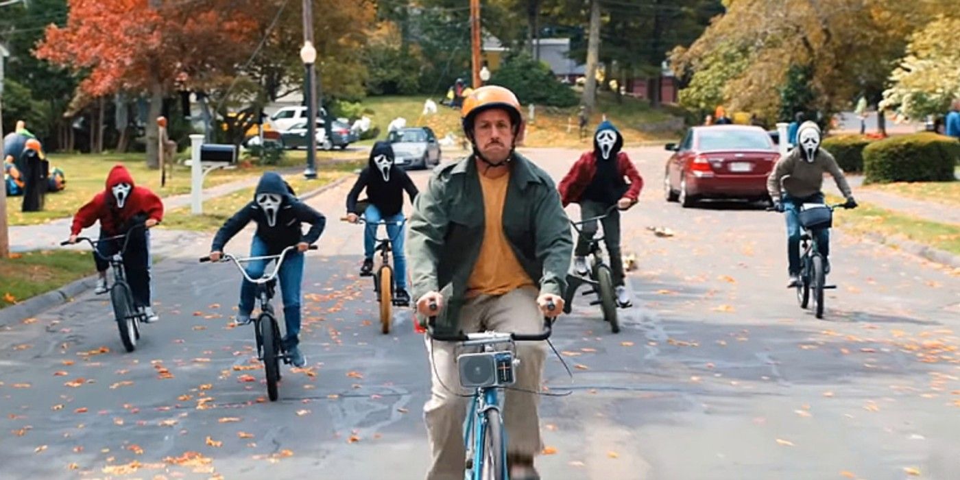 Adam Sandler being chased on a bicycle in Hubie Halloween