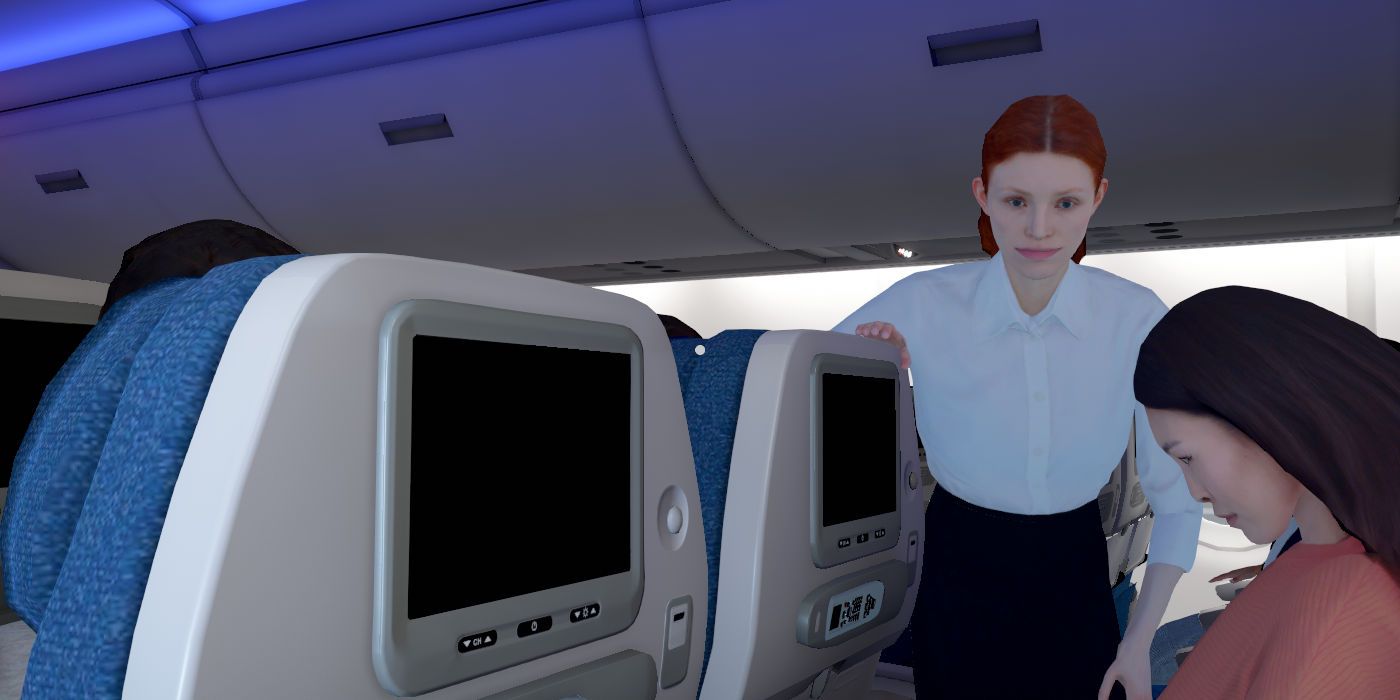 A flight attendant approaches the player in Airplane Mode
