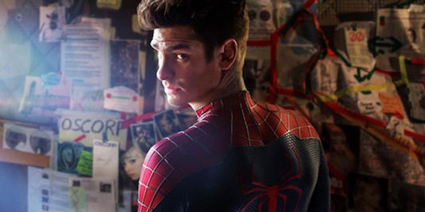 Peter looks at a walk full of printed documents about OSCORP in The Amazing Spider Man