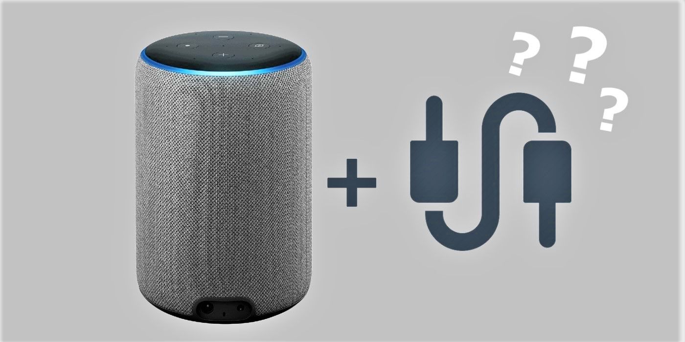 A graphic showing an Amazon Echo and an aux cable