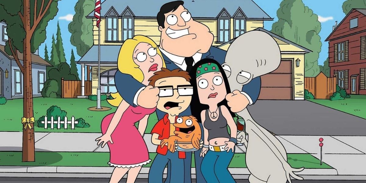 American Dad family hugging in front of their house