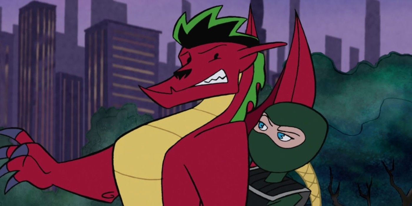 Jake pointing sideways while the Huntress looks at him in American Dragon: Jake Long