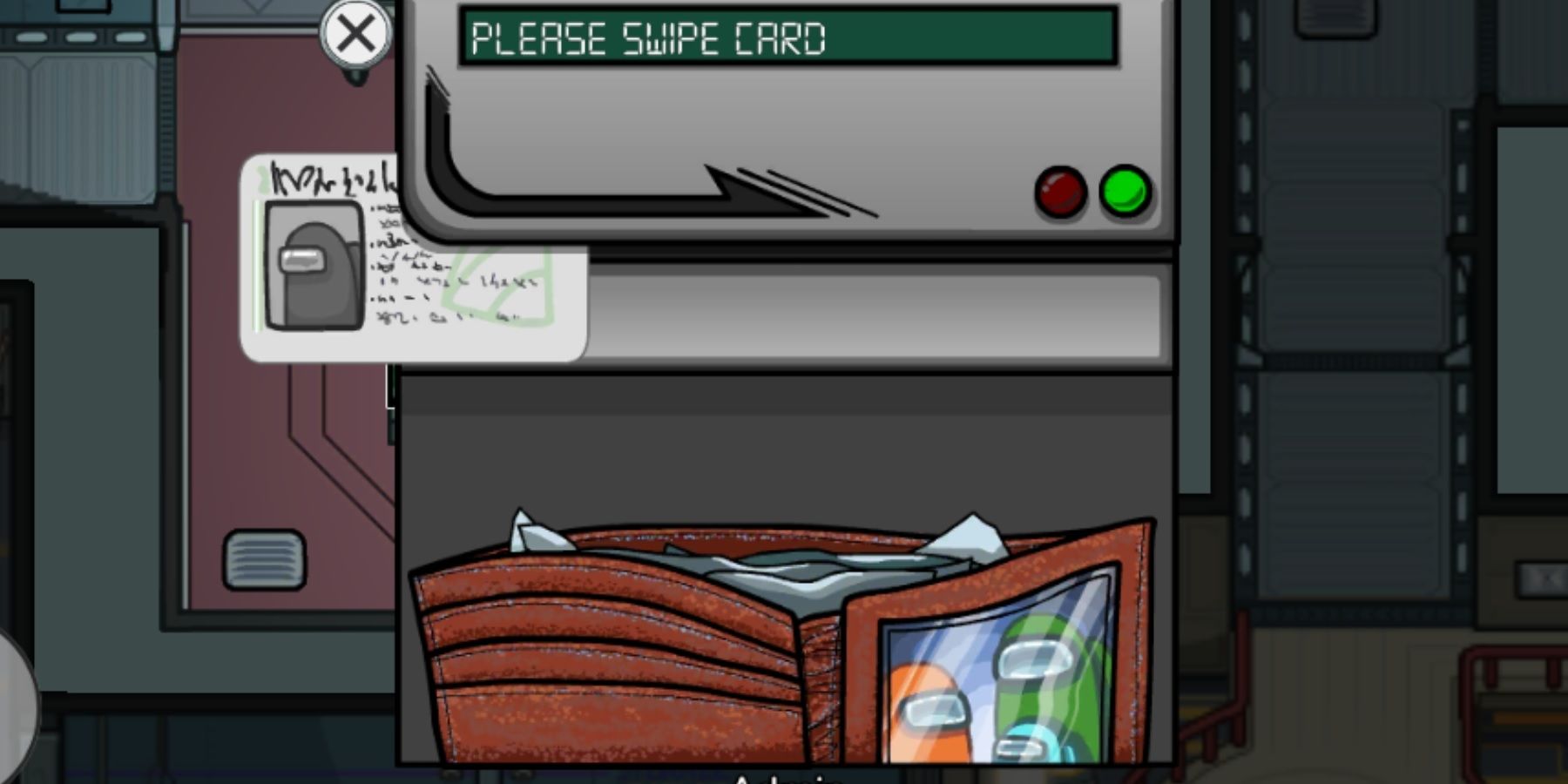 A screenshot of Among Us showing the card swipe machine.