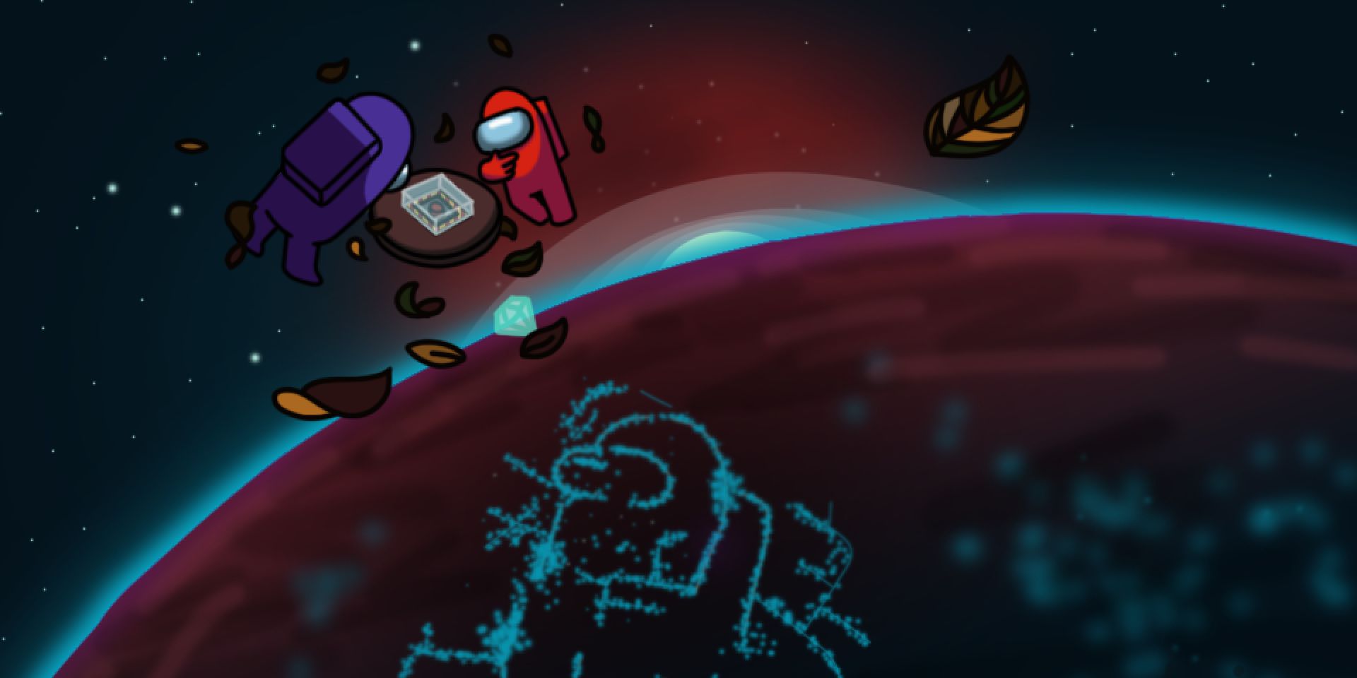 An image of Among Us Players working together in space. 