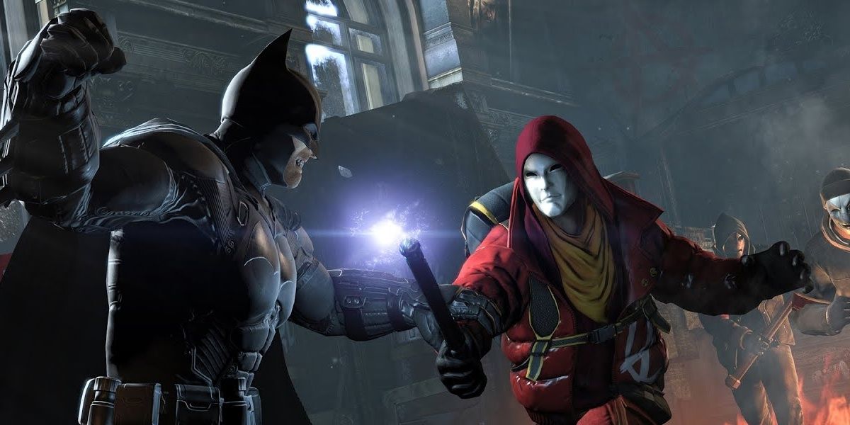 Batman fighting Anarky inside the courthouse in Batman: Arkham Origins (2013)