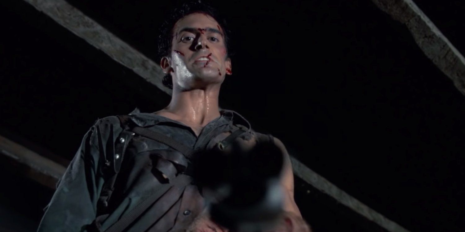 Ash pointing the shotgun downwards for the Swallow this line in Evil Dead 2