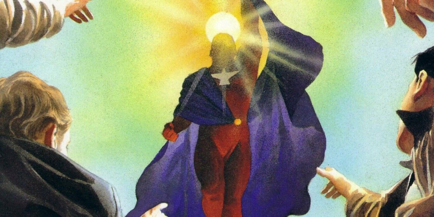Samaritan flying towards the sun as many people clamor for thing in Astro City graphic novel.