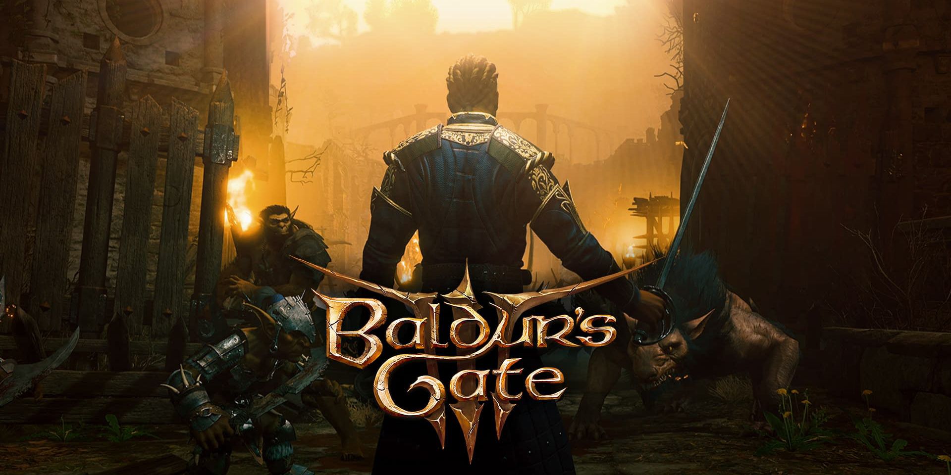 Image showing the Baldur's Gate 3 logo over a character whose back is to the camera as they draw a sword while surrounded by enemies.