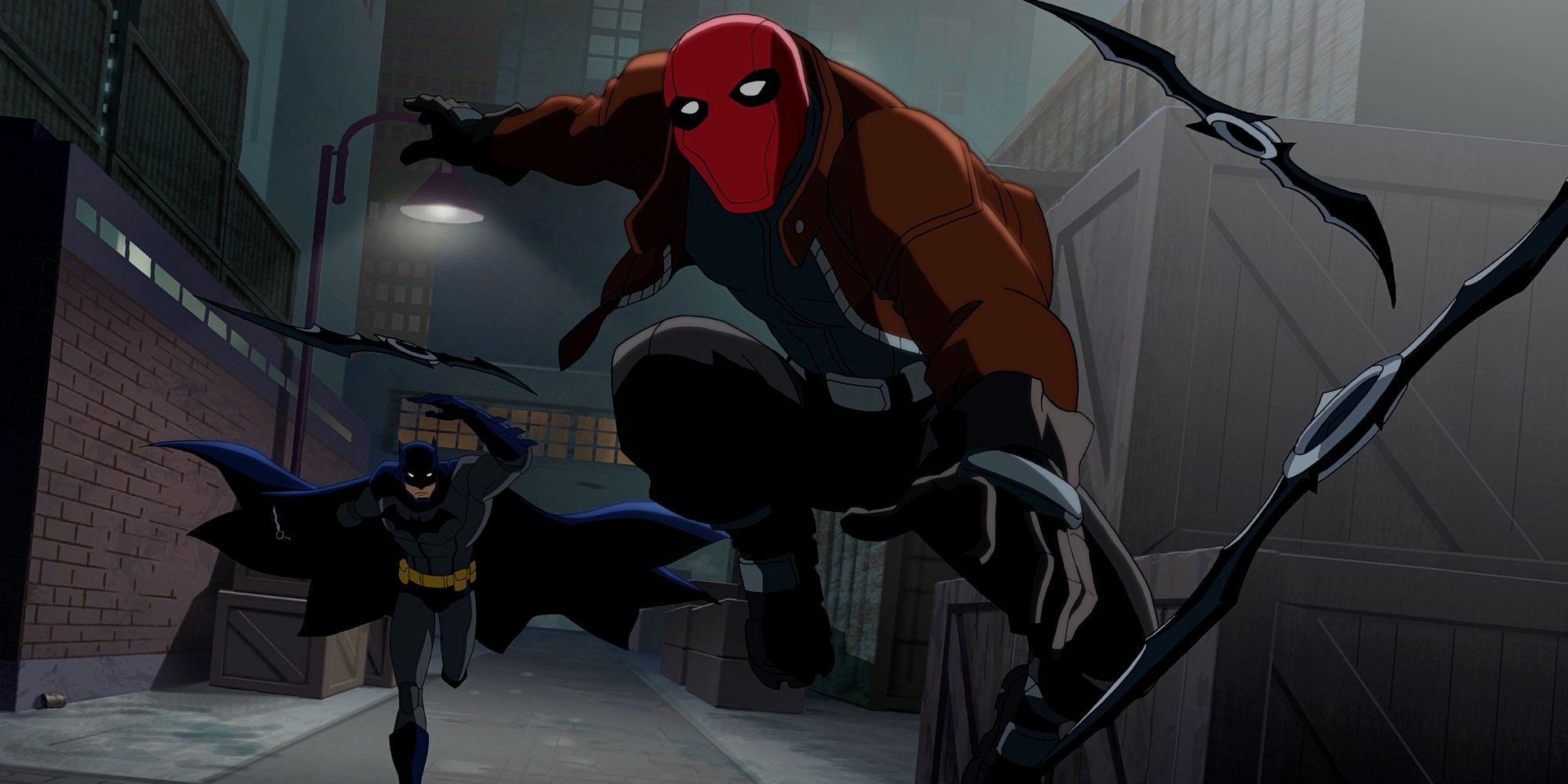 Batman chasing Red Hood in the streets of Gotham in Batman: Death In The Family (2020)