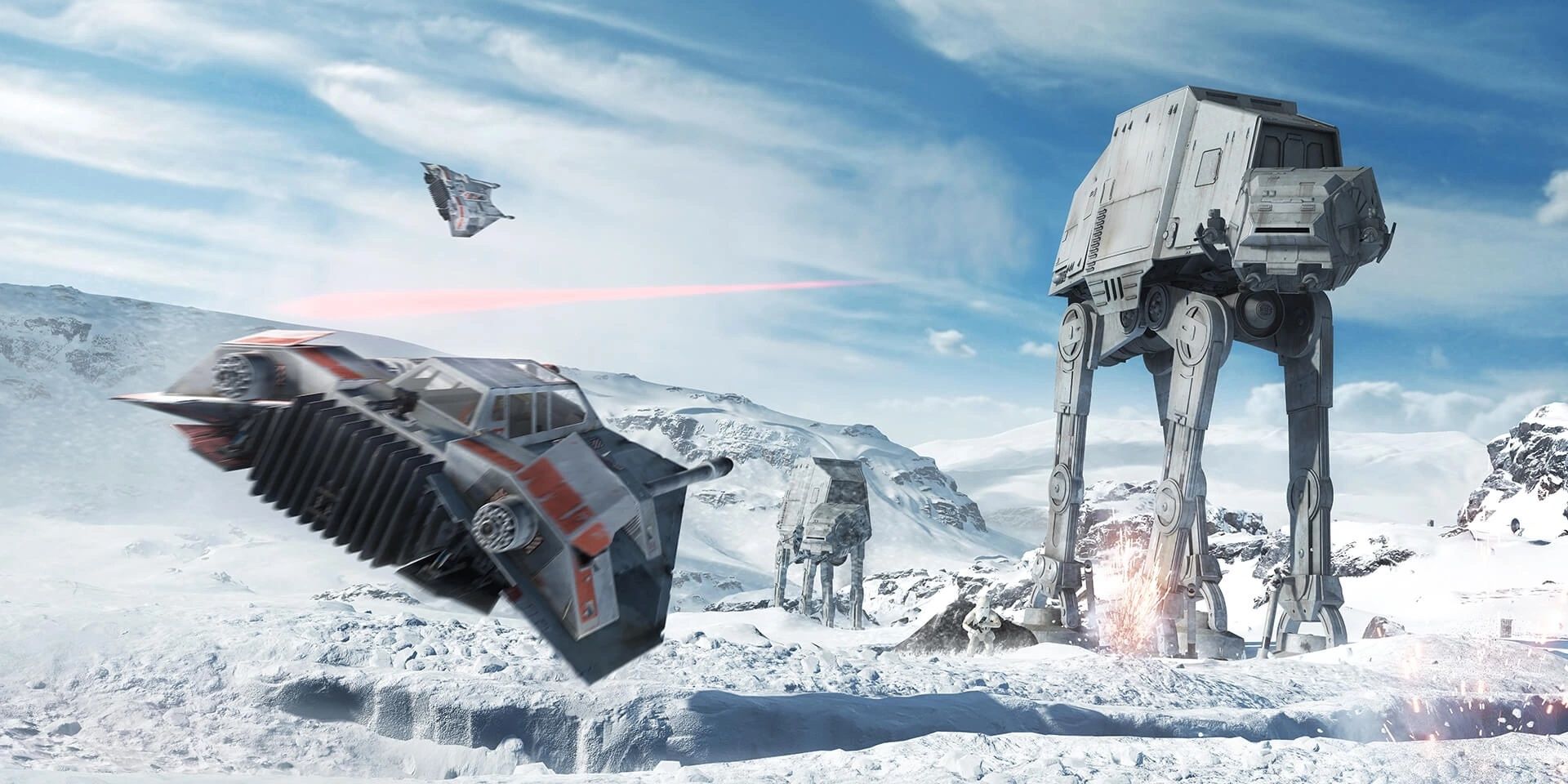 Battle of Hoth in Star Wars with a flight shooting at an AT-AT