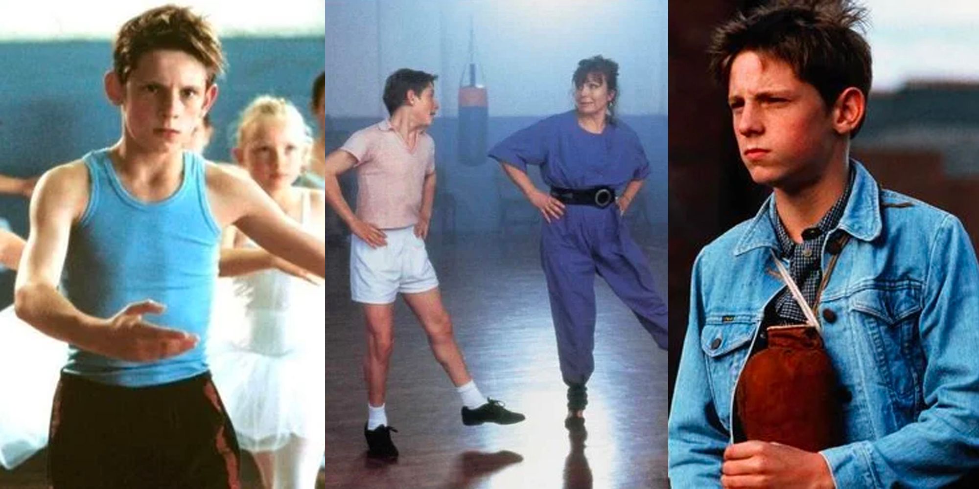 Split image of Billy Elliot on his own and with Mrs Wilkinson in Billy Elliot
